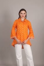*Electrifying Orange Bandhani Print Embroidered Shirt