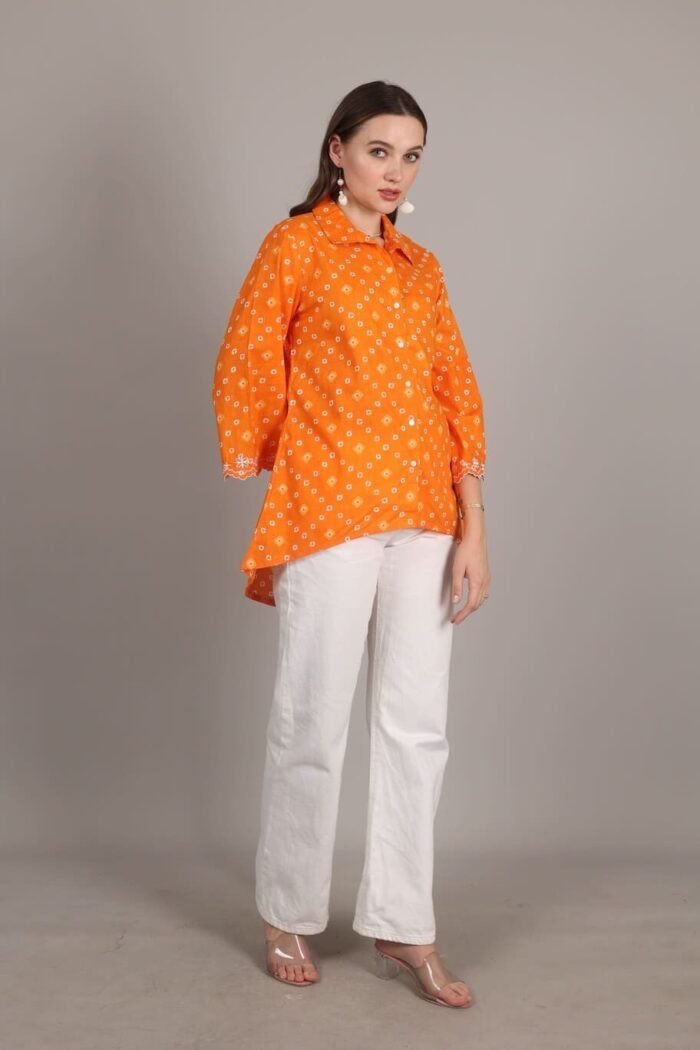 -Navya - Orange Rajasthani Print Embroidered Shirt - Image 4