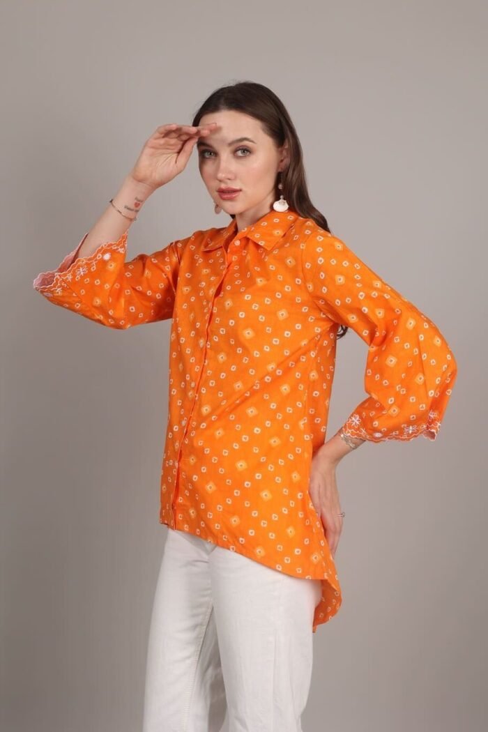 -Navya - Orange Rajasthani Print Embroidered Shirt - Image 5