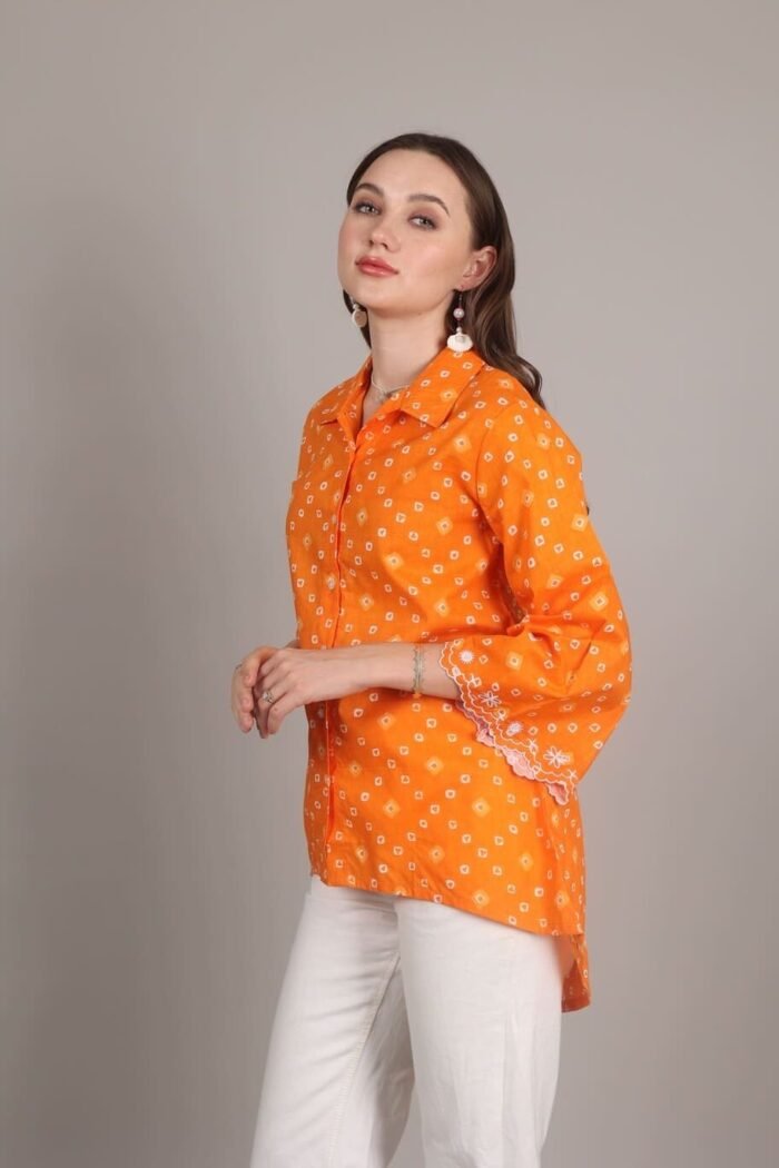 -Navya - Orange Rajasthani Print Embroidered Shirt - Image 6