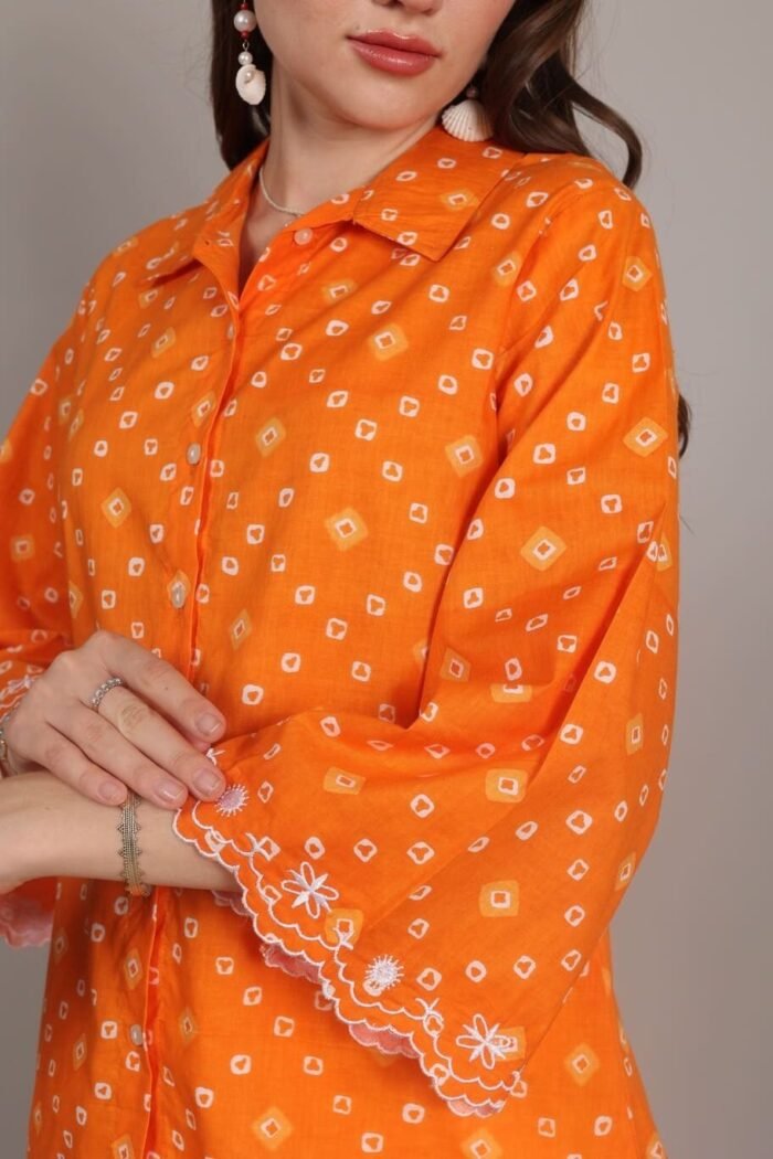 -Navya - Orange Rajasthani Print Embroidered Shirt - Image 8