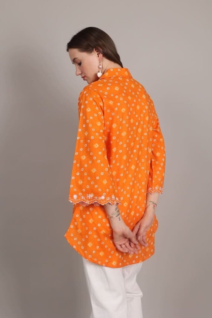 -Navya - Orange Rajasthani Print Embroidered Shirt - Image 9
