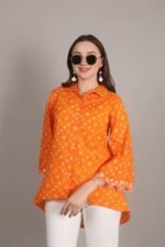 *Electrifying Orange Bandhani Print Embroidered Shirt - Image 10