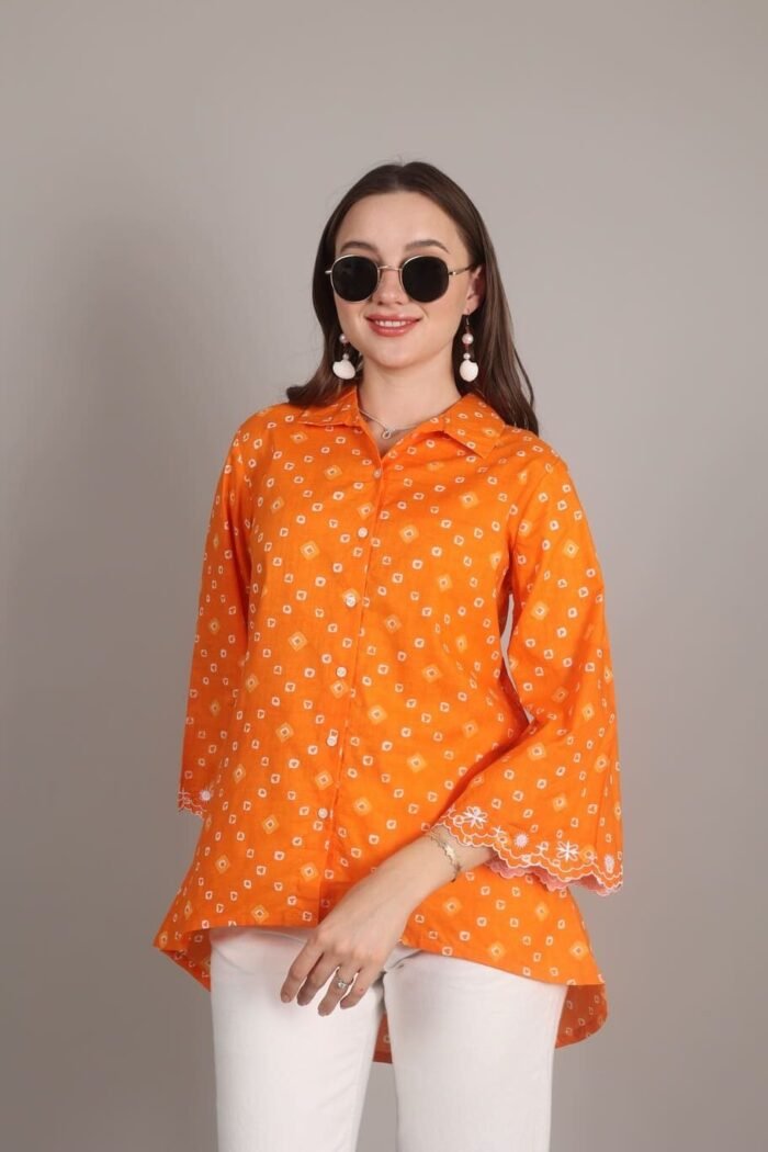 -Navya - Orange Rajasthani Print Embroidered Shirt - Image 10