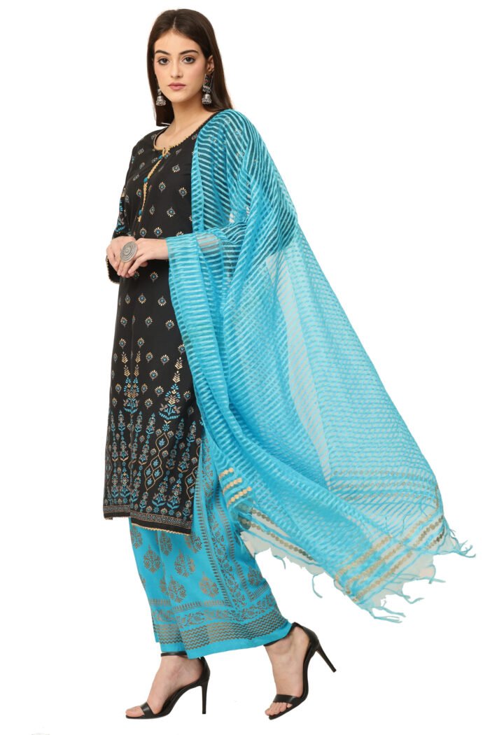 Black Cotton Straight Kurta with Foil Print work - Image 1