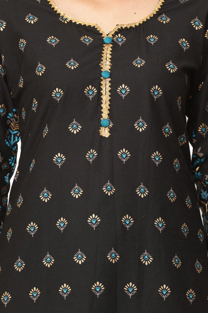 Black Cotton Straight Kurta with Foil Print work - Image 7