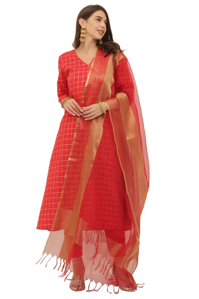 Mul Cotton Gold Checkered Angrakha Style Kurta - Image 1