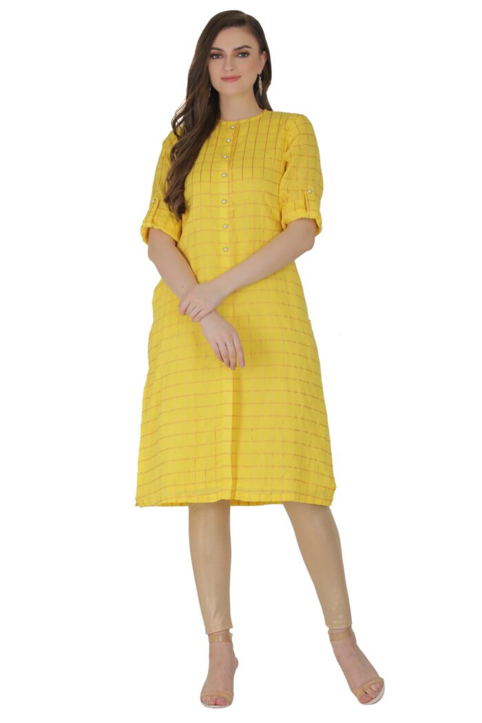 Women's Mul Cotton Gold Checkered Straight Kurta with Pearl Buttons - Image 1