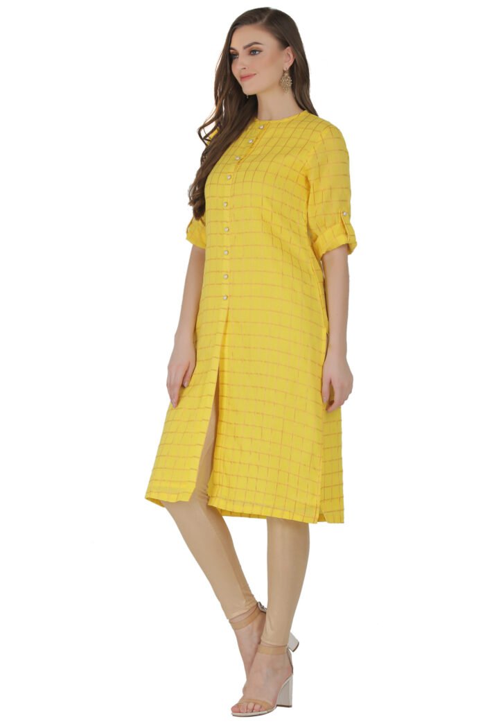 Women's Mul Cotton Gold Checkered Straight Kurta with Pearl Buttons - Image 2