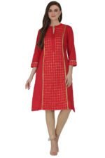 Red Cotton Checkered Straight Kurta - Image 9