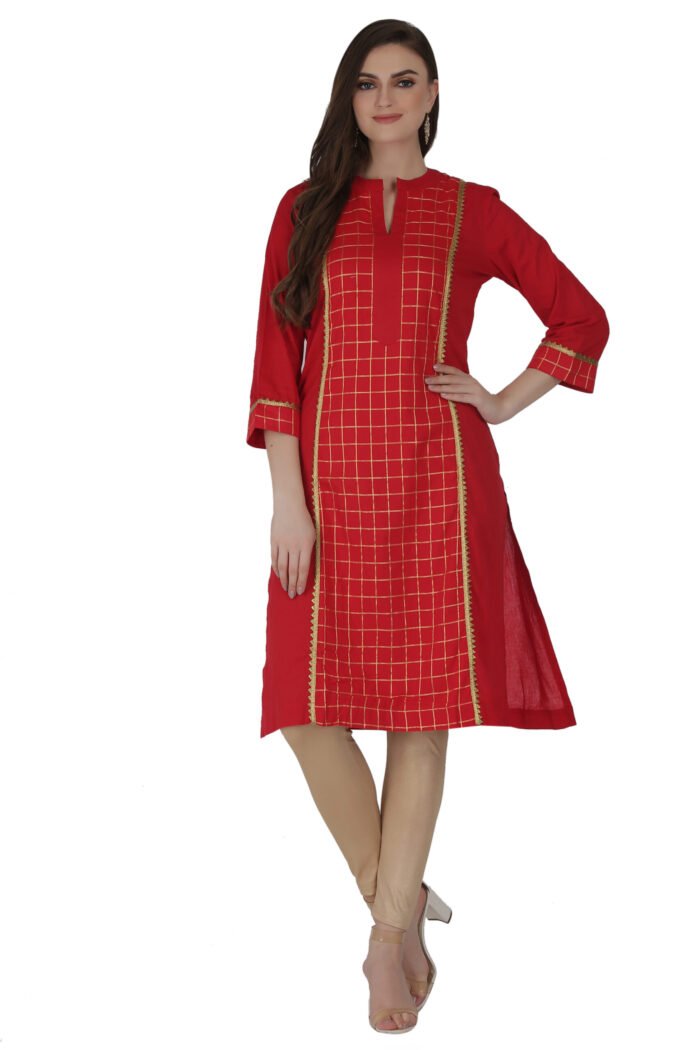 Mul Cotton Gold Checkered Panel Straight Kurta - Image 1