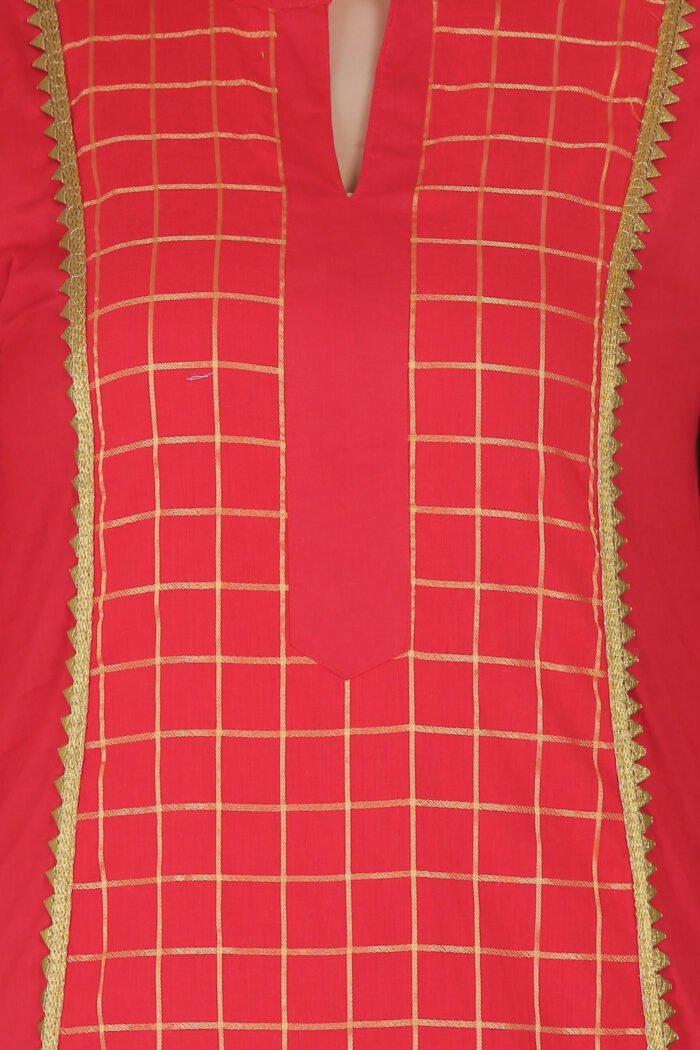 Mul Cotton Gold Checkered Panel Straight Kurta - Image 4