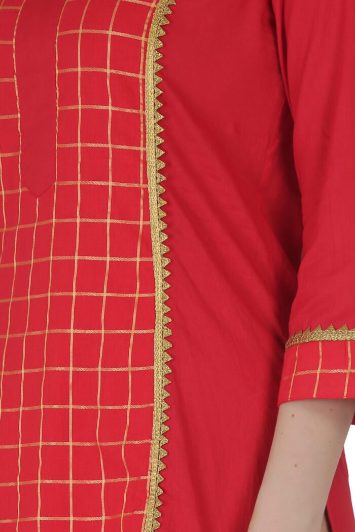 Mul Cotton Gold Checkered Panel Straight Kurta - Image 3