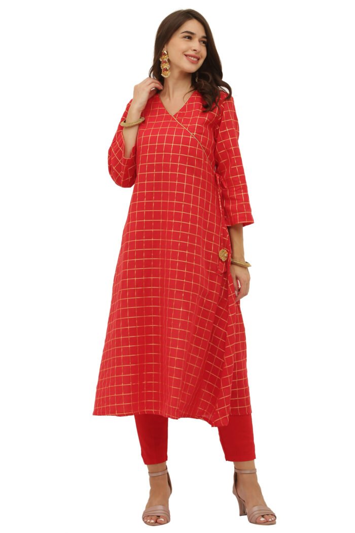 Mul Cotton Gold Checkered Angrakha Style Kurta - Image 8