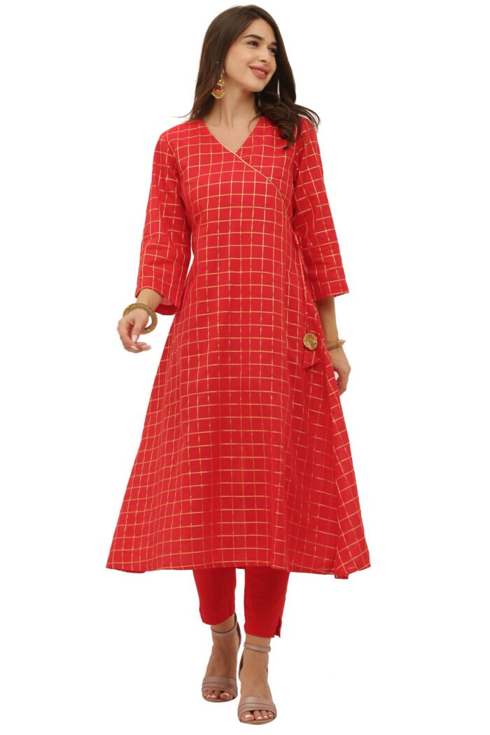Mul Cotton Gold Checkered Angrakha Style Kurta - Image 7