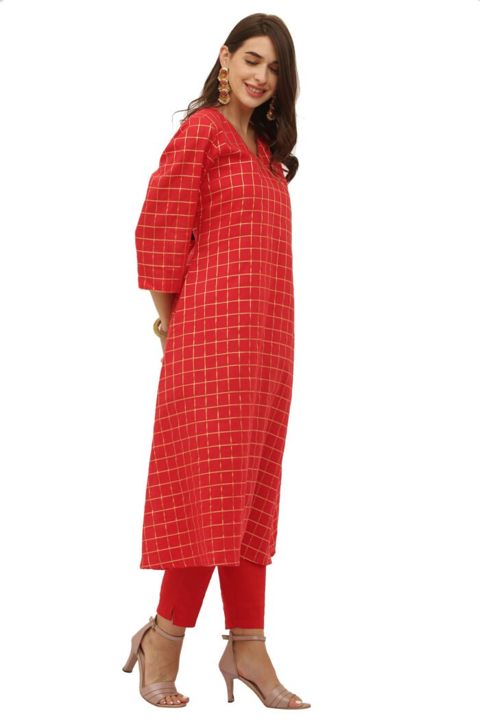 Mul Cotton Gold Checkered Angrakha Style Kurta - Image 6