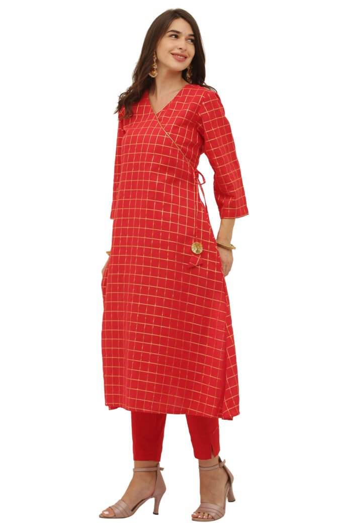 Mul Cotton Gold Checkered Angrakha Style Kurta - Image 5