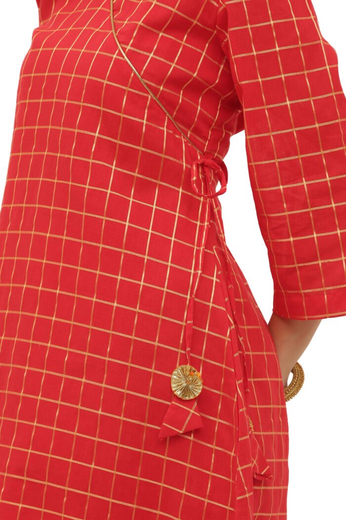 Mul Cotton Gold Checkered Angrakha Style Kurta - Image 4
