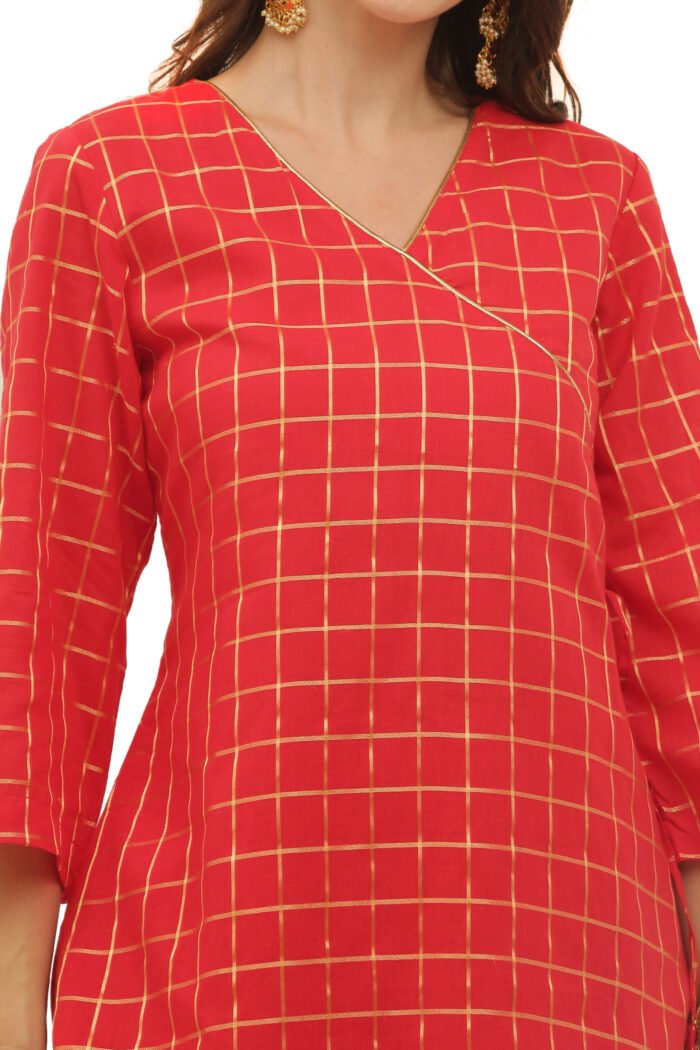 Mul Cotton Gold Checkered Angrakha Style Kurta - Image 3