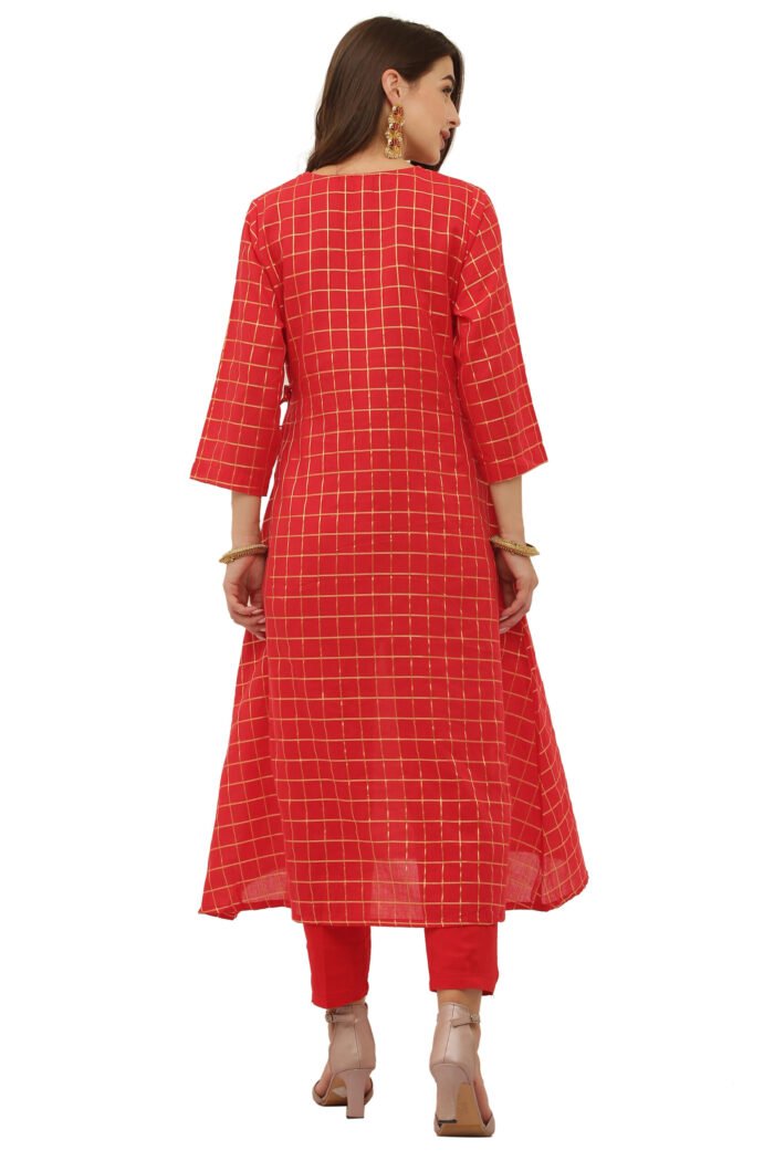 Mul Cotton Gold Checkered Angrakha Style Kurta - Image 2