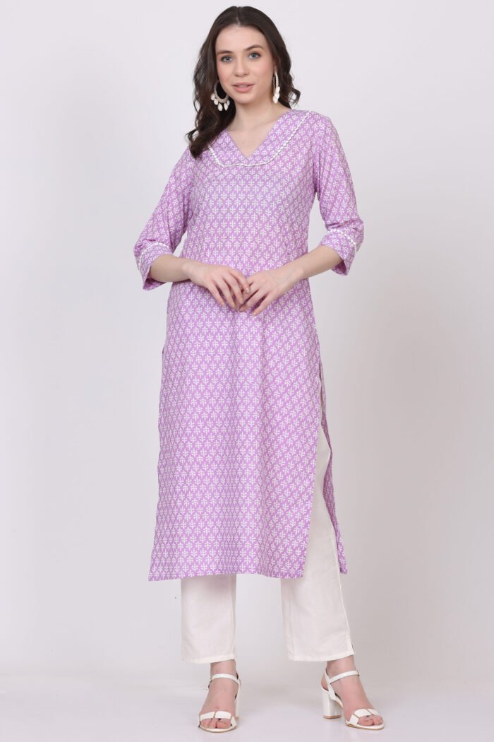 Cotton Jaipuri Print Straight Kurta with V-Neck & Side Pocket - Image 5