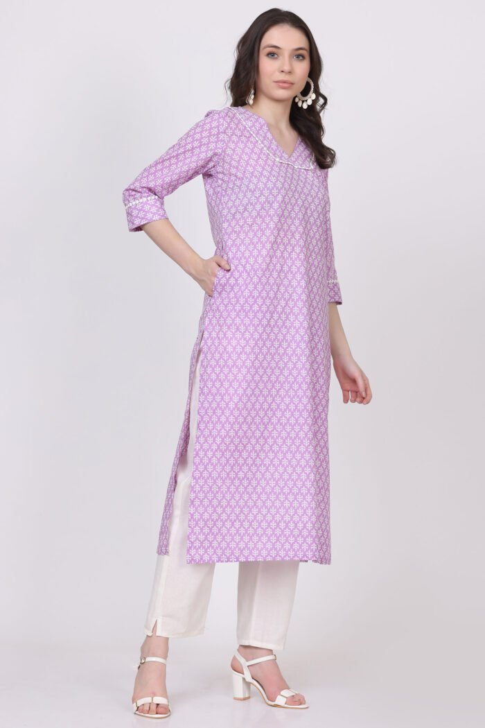 Cotton Jaipuri Print Straight Kurta with V-Neck & Side Pocket - Image 4