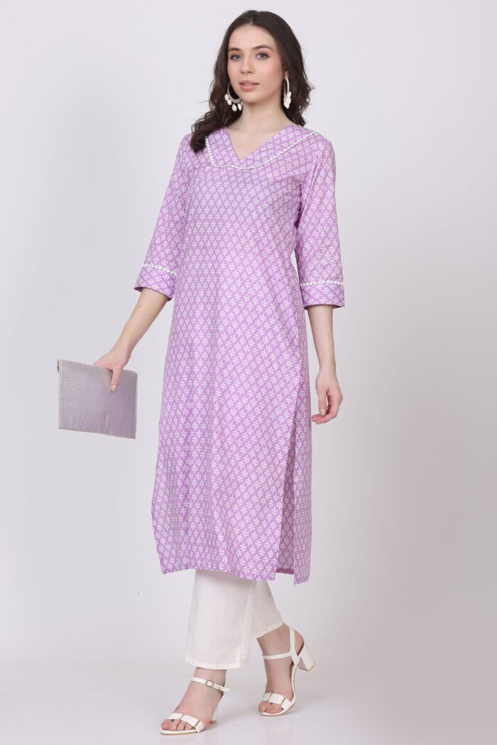 Cotton Jaipuri Print Straight Kurta with V-Neck & Side Pocket - Image 1