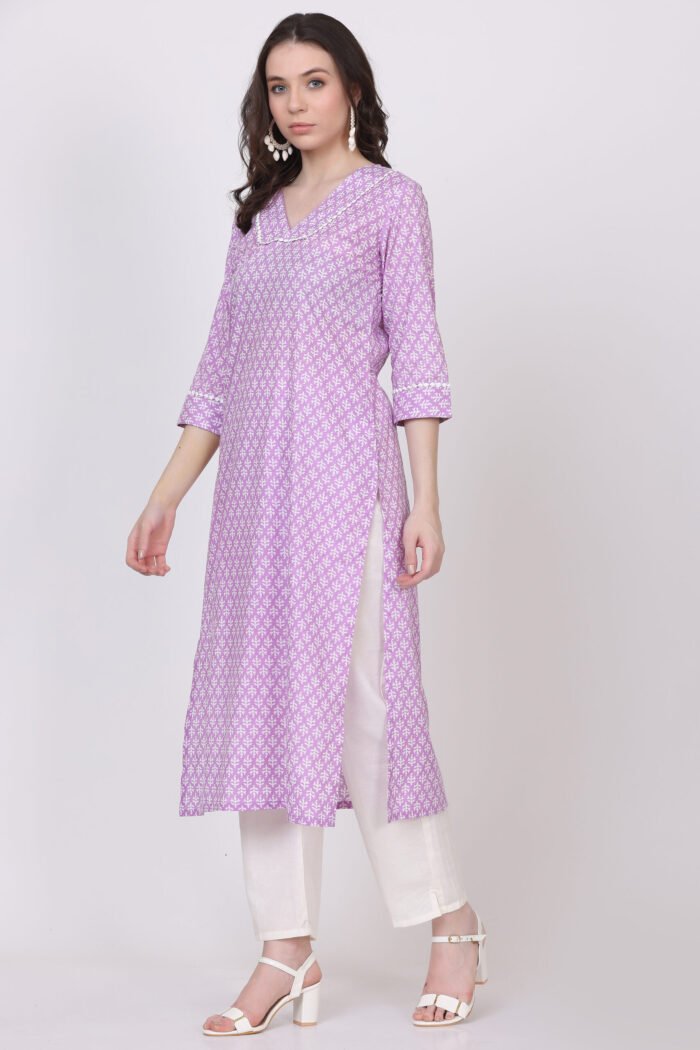 Cotton Jaipuri Print Straight Kurta with V-Neck & Side Pocket - Image 3