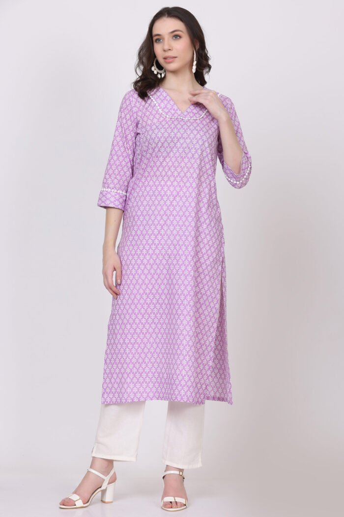 Cotton Jaipuri Print Straight Kurta with V-Neck & Side Pocket - Image 2