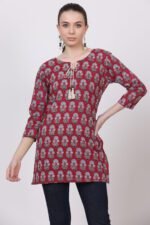 Cotton Reddish Wine Ajrakh Short Kurti - Image 3