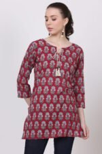 Cotton Reddish Wine Ajrakh Short Kurti - Image 2