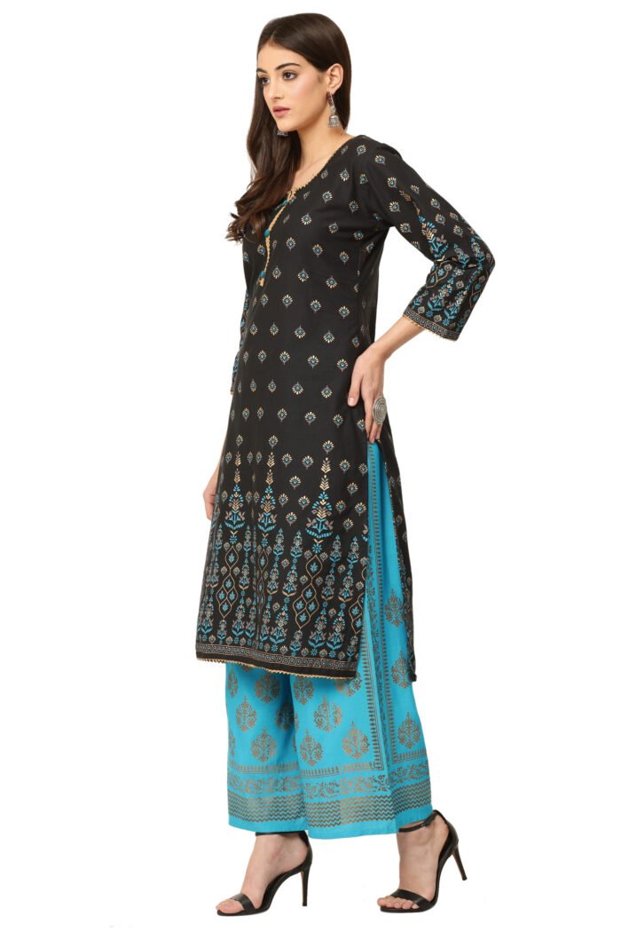 Black Cotton Straight Kurta with Foil Print work - Image 5