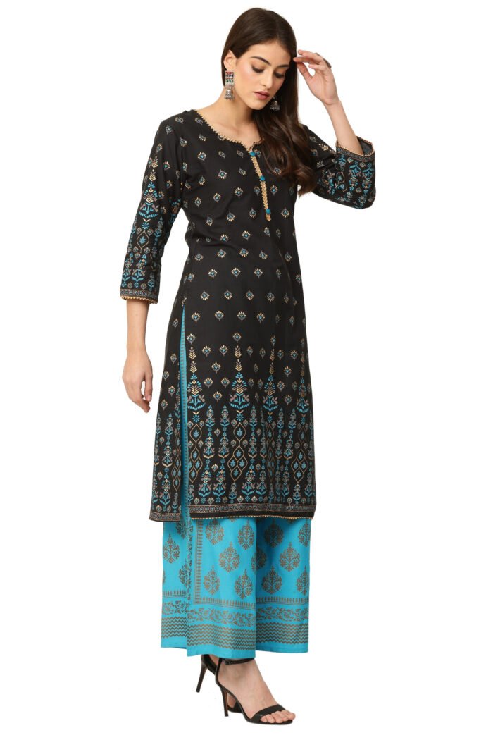 Black Cotton Straight Kurta with Foil Print work - Image 4