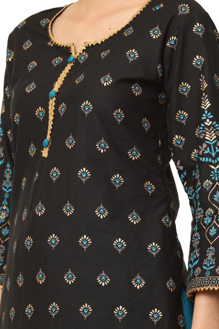 Black Cotton Straight Kurta with Foil Print work - Image 3