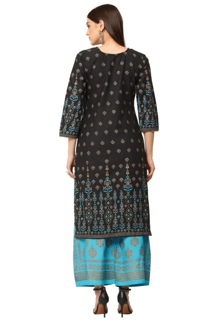 Black Cotton Straight Kurta with Foil Print work - Image 8