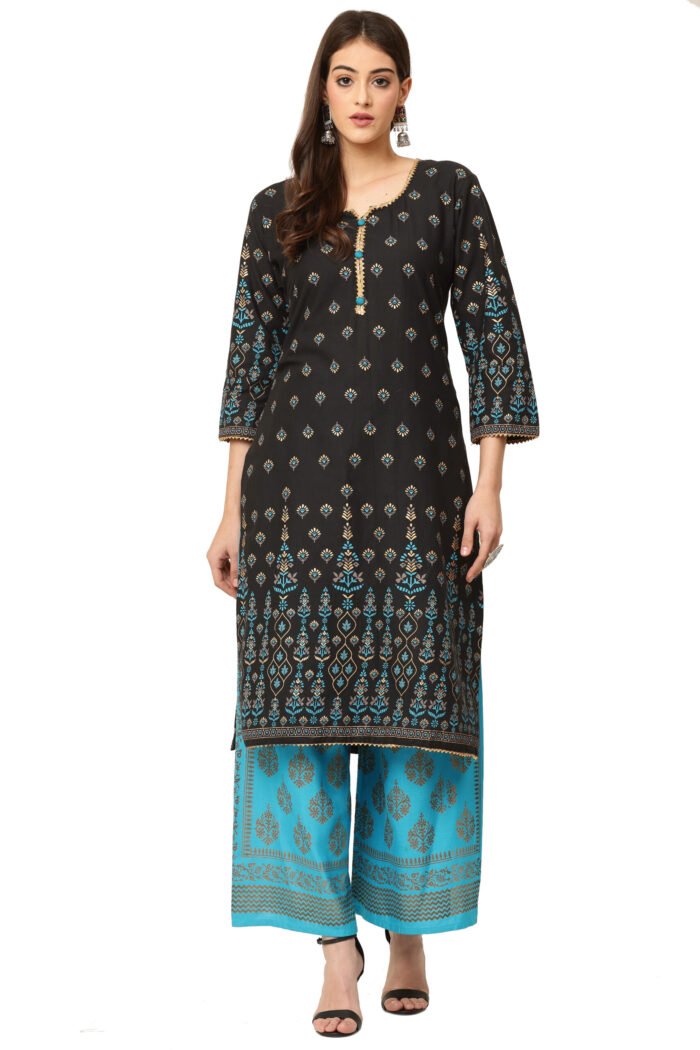 Black Cotton Straight Kurta with Foil Print work - Image 6